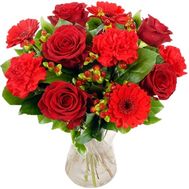Букет из 3 гербер, 6 роз и 4 гвоздик
