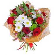 Букет из 7 роз, 4 альстромерий и 4 хризантем