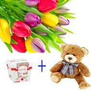 11 тюльпанов, мишка и конфеты
