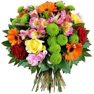 Букет из 5 гербер, 6 роз, 5 альстромерий и 3 хризантем