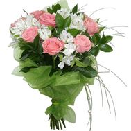 Букет из 9 роз и 10 альстромерий