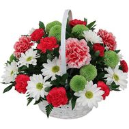 Basket of flowers of 7 chrysanthemums and 13 carnations