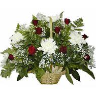 Basket of flowers from 10 chrysanthemums and 11 roses