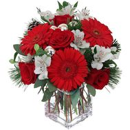 Composition for New Year from gerberas, roses, alstromeries
