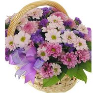 Basket of flowers from 13 chrysanthemums and irises
