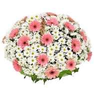 Basket of flowers from 19 chrysanthemums and 25 gerberas