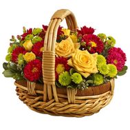 Basket of flowers of 6 chrysanthemums, 9 gerberas and 4 roses