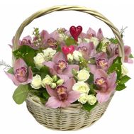 Basket of flowers from 15 orchids and 12 roses