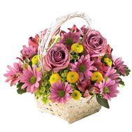 Basket of flowers from 7 alstroemerias, 7 chrysanthemums and 3 roses