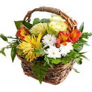 Basket of flowers from 2 chrysanthemums, 2 alstroemerias and 3 roses