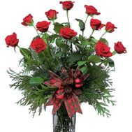 New Year''s bouquet of roses and pine branches'