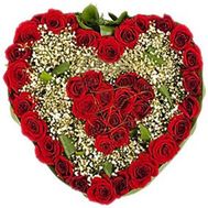 Сердце из 39 роз и гипсофилы