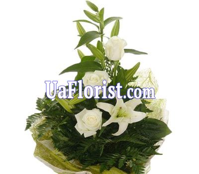 3 белых розы и лилия 3 белых розы и лилия