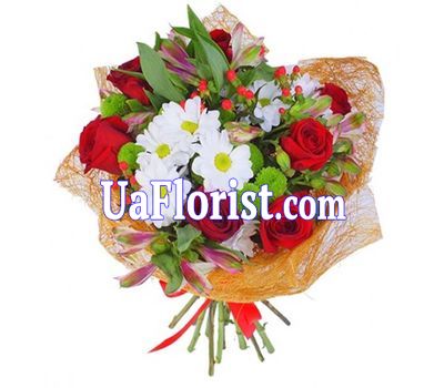 Букет із 7 троянд, 5 альстромерій і 4 хризантем
