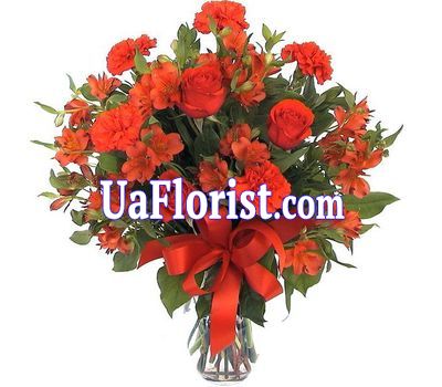 Букет із 3 троянд, 9 альстромерій і 5 гвоздик Букет із 3 троянд, 9 альстромерій і 5 гвоздик