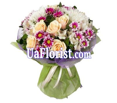 Bouquet of 5 roses and 8 chrysanthemums, 4 alstroemerias Bouquet of 5 roses and 8 chrysanthemums, 4 alstroemerias