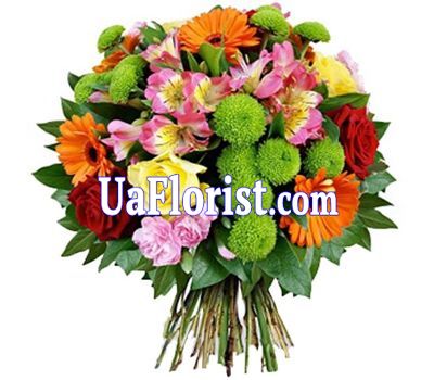 Букет из 5 гербер, 6 роз, 5 альстромерий и 3 хризантем