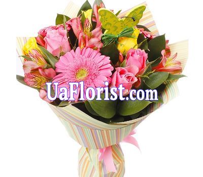 Букет цветов из 3 гербер, 7 роз и 5 альстромерий