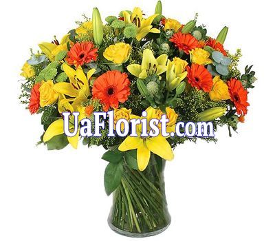A bouquet of 11 gerberas, 5 lilies, 15 roses and 4 chrysanthemums