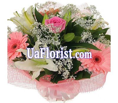 Букет із 1 троянди, 3 гербер та 1 лілії