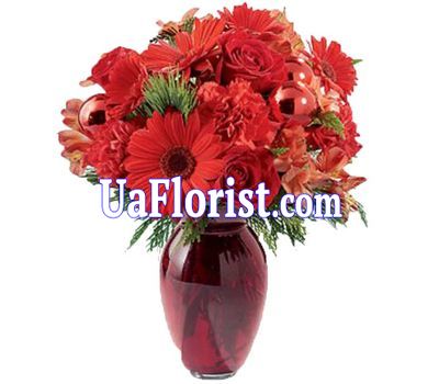 New Year''s bouquet of gerberas, roses, carnations, toys'