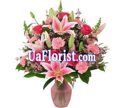 A bouquet of 3 lily flowers, 6 roses and 12 carnations A bouquet of 3 lily flowers, 6 roses and 12 carnations