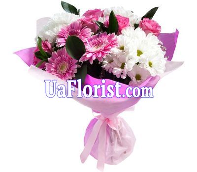 A bunch of flowers of 3 gerberas, 3 alstroemerias and 1 chrysanthemum