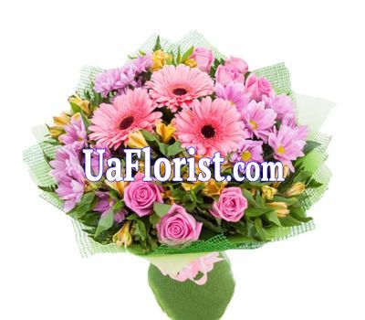 Букет из 7 роз, 3 хризантем, 6 альстромерий и 3 гербер