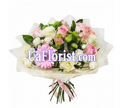 Букет із 10 троянд, 3 кущових троянд, 3 альстромерій, 2 хризантем і 1 гербери Букет із 10 троянд, 3 кущових троянд, 3 альстромерій, 2 хризантем і 1 гербери