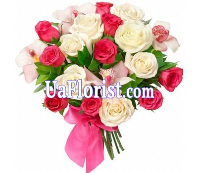 Bouquet of flowers from 17 roses and 4 orchids Bouquet of flowers from 17 roses and 4 orchids