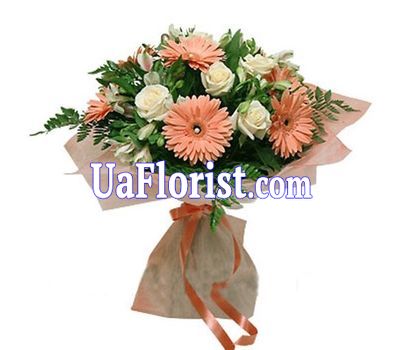 Букет из 7 гербер, 7 роз и 5 альстромерий