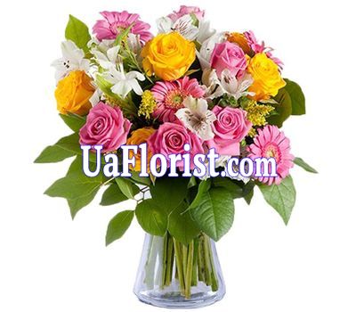 Букет із 10 троянд, 5 гербери і 4 альстромерій