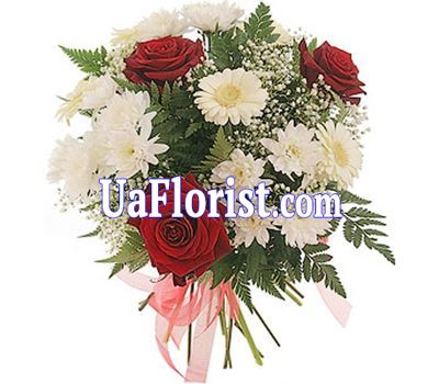 Букет из 3 роз, 3 хризантем и 3 гербер