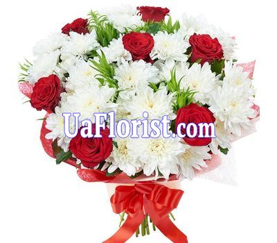 Букет квітів з 6 роз і 5 хризантем Букет квітів з 6 роз і 5 хризантем