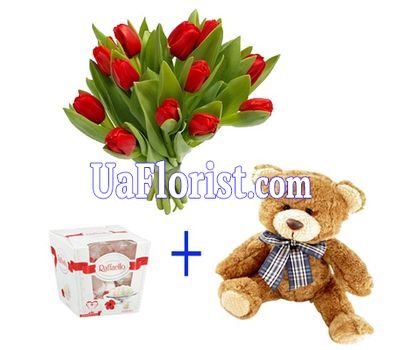 15 тюльпанів, ведмедик і цукерки 15 тюльпанів, ведмедик і цукерки