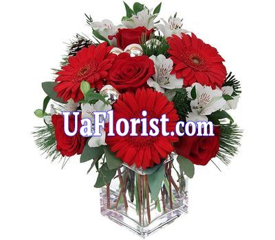 Composition for New Year from gerberas, roses, alstromeries