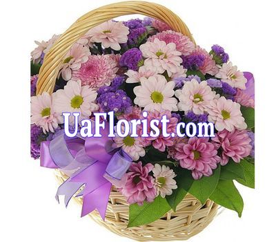 Basket of flowers from 13 chrysanthemums and irises Basket of flowers from 13 chrysanthemums and irises