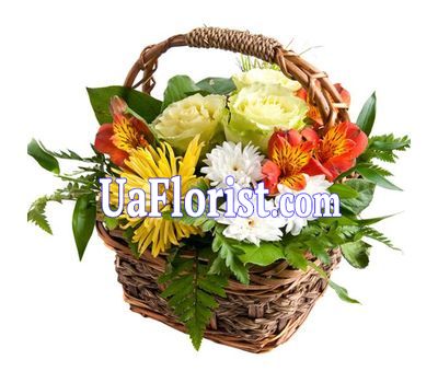 Кошик квітів з 2 хризантем, 2 альстромерій і 3 роз Кошик квітів з 2 хризантем, 2 альстромерій і 3 роз