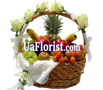 Подарочная корзина фруктов и цветов Подарочная корзина фруктов и цветов
