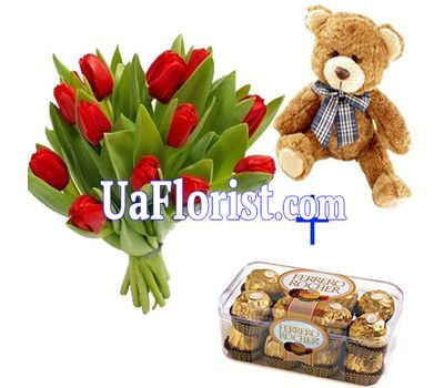 15 тюльпанов, мишка и конфеты 15 тюльпанов, мишка и конфеты
