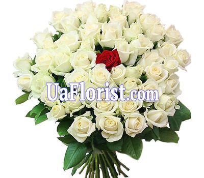 100 white roses with 1 red rose