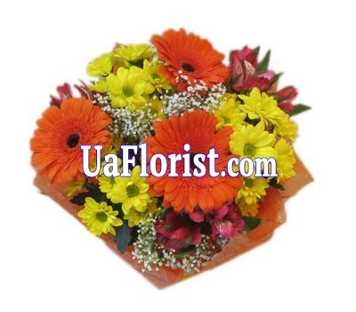 Букет из 3 гербер, 3 альстромерий и 3 хризантем Букет из 3 гербер, 3 альстромерий и 3 хризантем