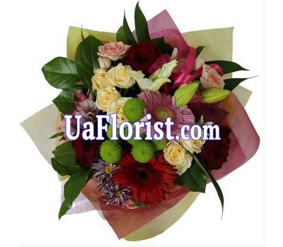 Bouquet of 5 roses, 2 gerberas, 1 lily, 1 alstroemeria and 2 chrysanthemums Bouquet of 5 roses, 2 gerberas, 1 lily, 1 alstroemeria and 2 chrysanthemums