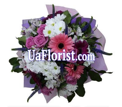 Букет із 7 троянд, 5 гербер, 6 альстромерій і 5 хризантем