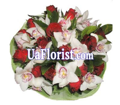 A bouquet of 14 roses and 11 orchids